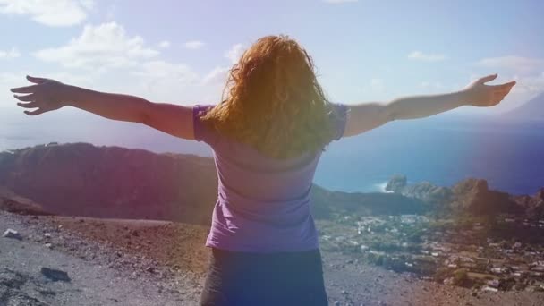 Girl near a volcano crater in sicily — Stock Video