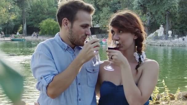 若い夫婦が赤ワインを飲んで — ストック動画