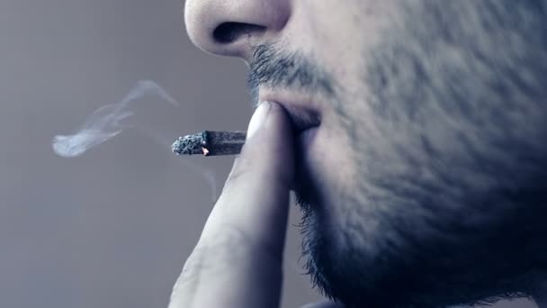 Boční pohled na příležitostný módní muž, který kouří marihuanovou společnou — Stock video