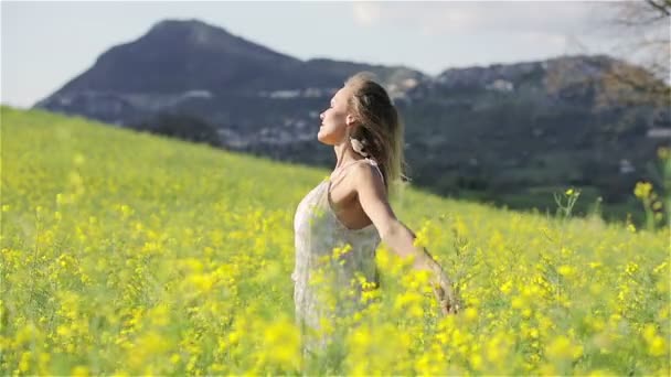 Hermosa chica en un campo amarillo — Vídeo de stock