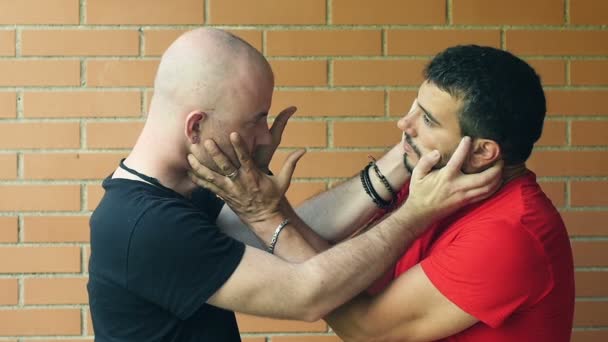 Dois homens lutando com as mãos em seus rostos: briga, luta, conflito. Movimento lento — Vídeo de Stock