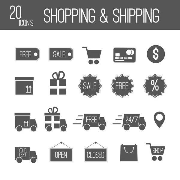 Shopping and shipping black set icons — Stock Vector