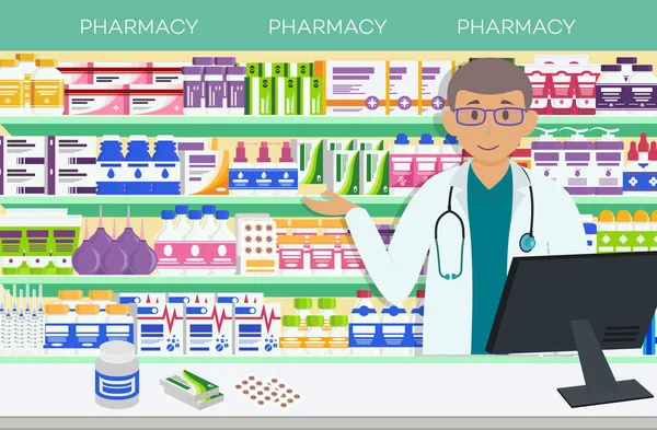 Modern eczane ve erkek eczacı.