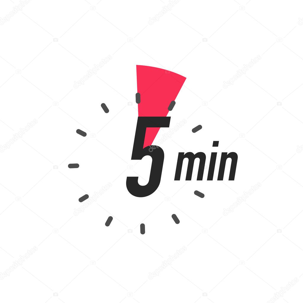 Icon 5 minutes timer color style isolated on white background. Clock, stopwatch, cooking time label. Vector 10 eps