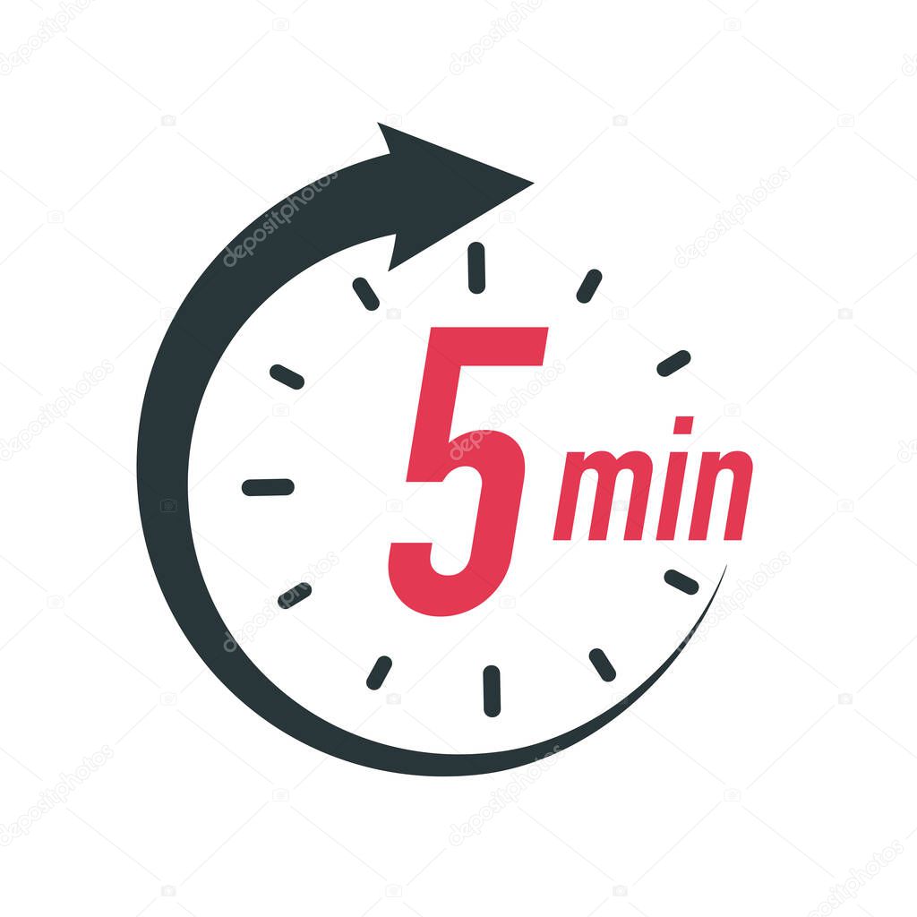 5 minutes timer symbol color style isolated on white background. Clock, stopwatch, cooking time label. Vector 10 eps