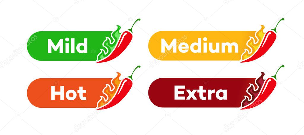 Spicy chili level vector label - mild, medum, hot, extra isolated on background. Pepper sauce with fire flame. Illustration 10 eps