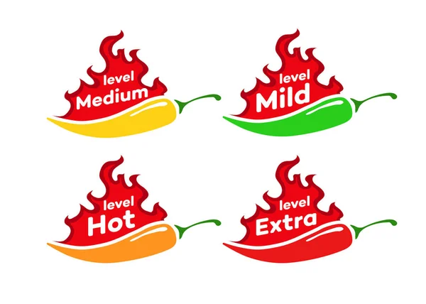 Conjunto de etiquetas vectoriales de nivel de chile picante: suave, medio, caliente, extra — Vector de stock