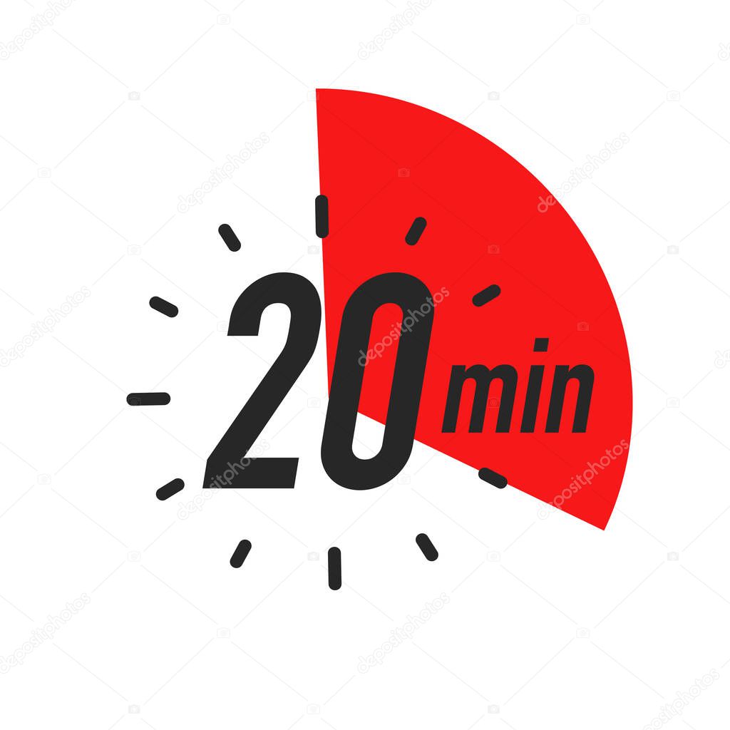 20 minutes timer symbol color style isolated on white background. Clock, stopwatch, cooking time label, sport icon. Vector 10 eps