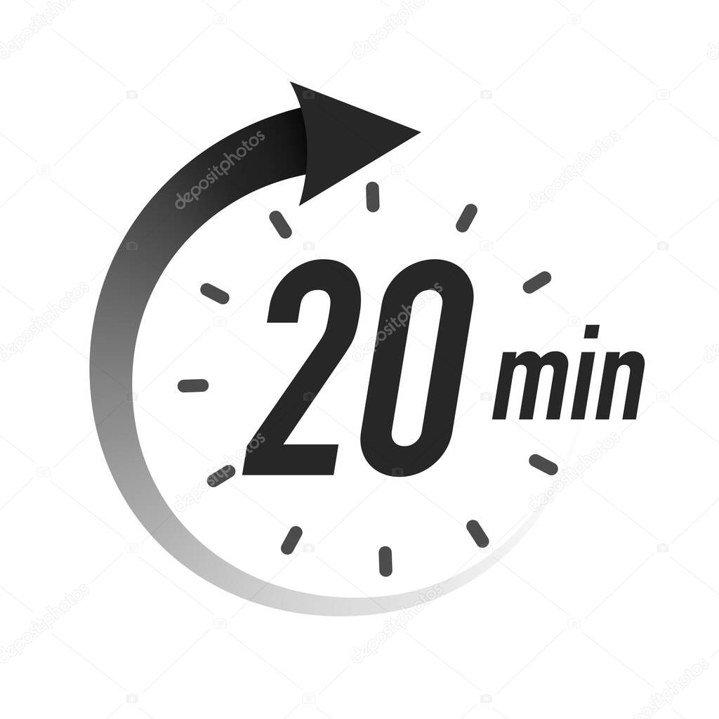 20 timer minutes symbol black style isolated on white background. Clock, stopwatch, cooking time label, sport icon. Vector 10 eps