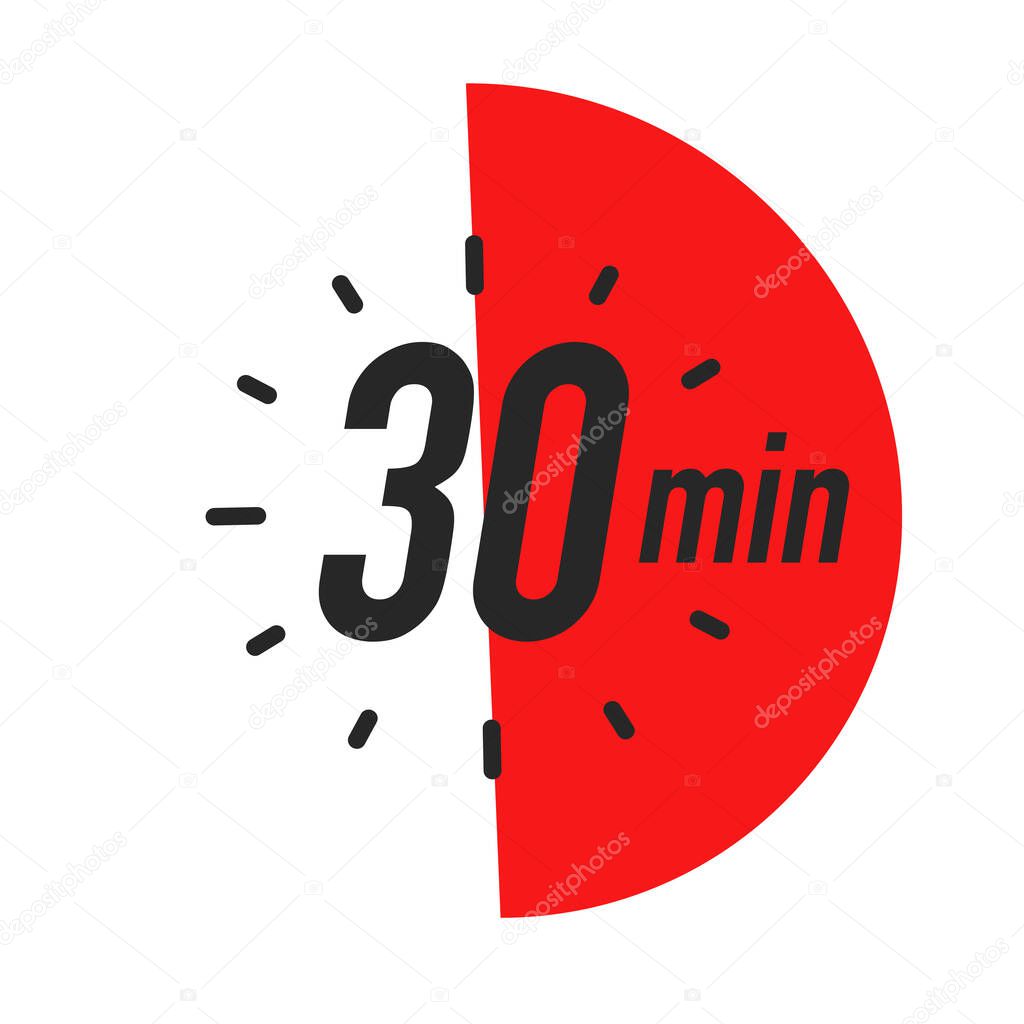 30 minutes timer symbol color style isolated on white background. Clock, stopwatch, cooking time label, sport icon. Vector 10 eps