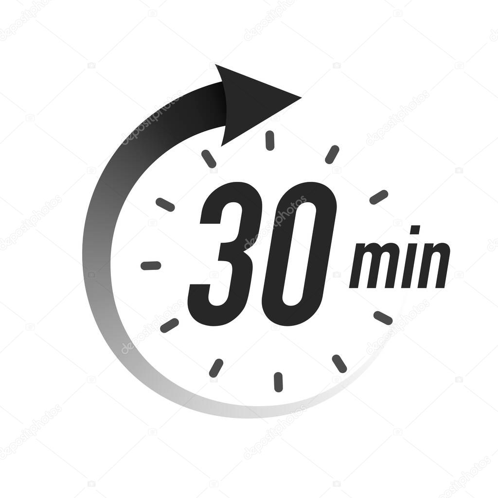 30 timer minutes symbol black style isolated on white background. Clock, stopwatch, cooking time label, sport icon. Vector 10 eps