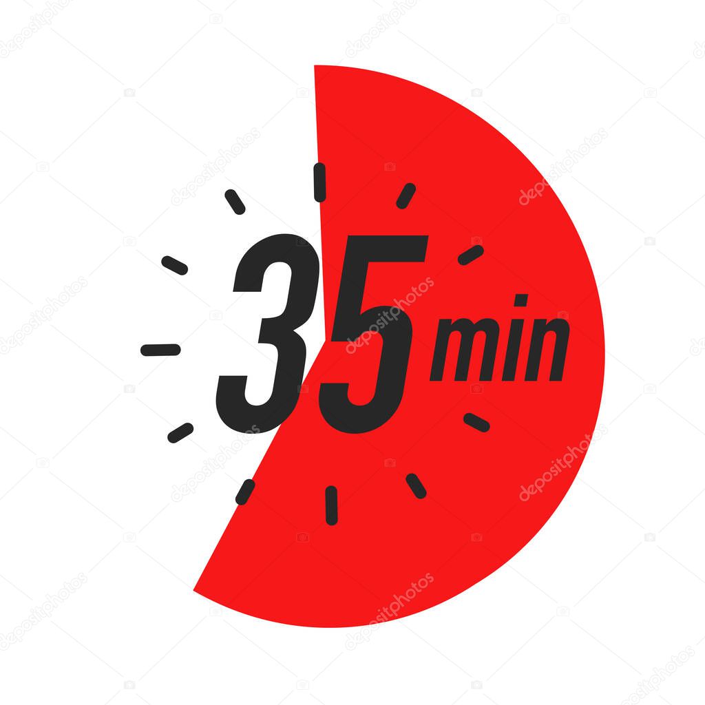 35 minutes timer symbol color style isolated on white background. Clock, stopwatch, cooking time label, sport icon. Vector 10 eps