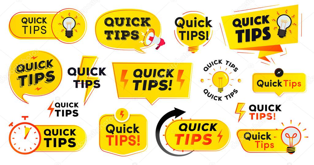 Quick tips label vector set modern style for tooltip badge, solution and advice banner, helpful tricks, useful information sticker, education tag, hint, new knowledge and study practice. 10 eps