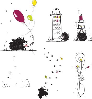 Vector illustration of a hedgehog character. The scene with the character.
