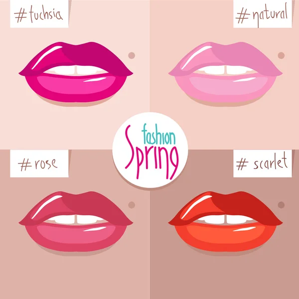 Vector illustration on the theme of fashionable colors in makeup. Lipstick, lips, beauty. — Stok Vektör