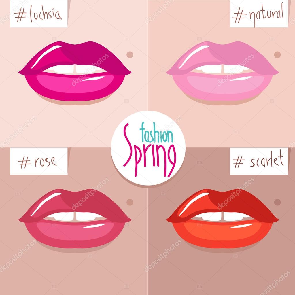 Vector illustration on the theme of fashionable colors in makeup. Lipstick, lips, beauty.