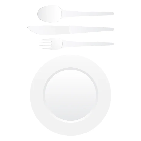 Un conjunto de platos aislados sobre fondo blanco. Placa, cuchara, tenedor — Vector de stock