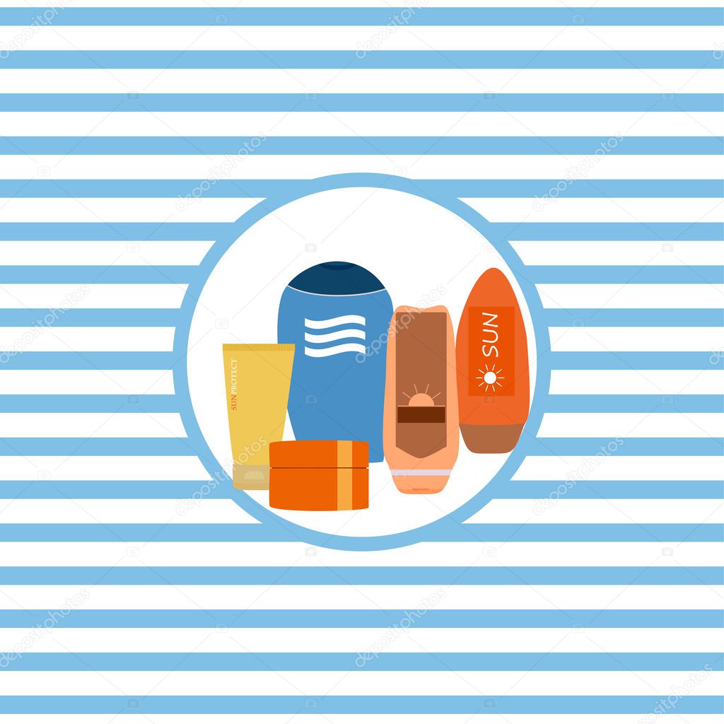 Marine theme. Vector illustration. Cosmetics for sun protection.
