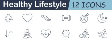 Sağlıklı yaşam biçimi simgesi. Kalori, kalp, ölçü, dambıl, hedef, gece, ok yoga kardiyo bisiklet koşucusu