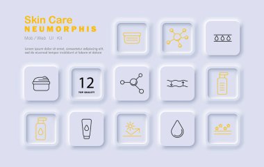 Cilt bakımı simgesi. İnce çizgili simgeler, krem, damla, tüp, su tabakası, molekül, sprey şişesi, güneş koruması, ışıltı, esneklik çizgileri ve pipette damlası gösterir..