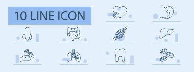 Anatomi set simgesi. Burun, kalın bağırsak, kalp, mide, kas, karaciğer, hücreler, akciğerler, diş, kan. Organ sistemi sağlık biyolojisi iç yapı tiraj solunum vücut tıbbı