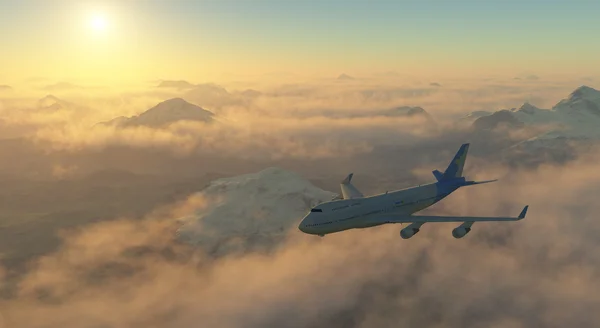 Flugzeug fliegt bei Sonnenuntergang über die Berge — Stockfoto