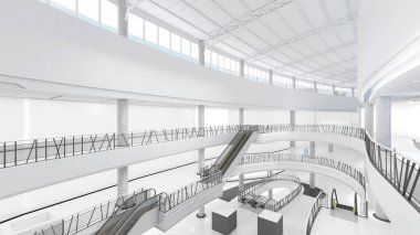 Büyük, beyaz, parıldayan bina, yapısal işler için alan, büyük alışveriş merkezi yapısı, 3D görüntüleme