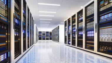 Beyaz depolama ve işleme birimi, büyük yapay zeka işleme sunucu odası, veri merkezi depolama ve ağ işleme odası, SSD ve sabit disk sürücüsü depolama ve işlemci soğutma sistemi, 3D oluşturma