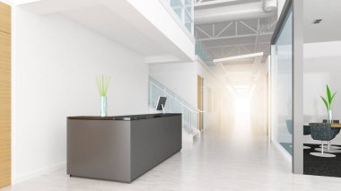 Resepsiyon alanındaki ofis binasının girişi, modern beyaz ve ahşap tonlu, 3 boyutlu.
