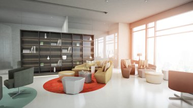 Salon tarzı misafir odası, açık hava ışığı ve iç mekan, misafirleri ağırlamak için lüks mobilyalar, 3D görüntüleme.
