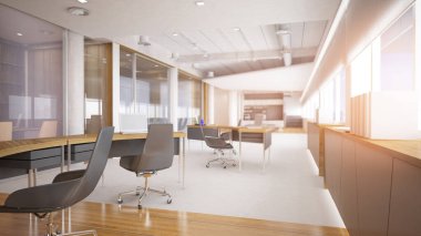 Ofis alanı, personel çalışma alanı çatı katı tarzı, beyaz ahşap tonu, düz görüş. .3B görüntüleme