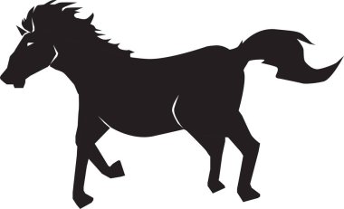 Grafik tasarımı ve çeşitli ortamlar için dört nala koşan yetişkin bir atın silüeti..