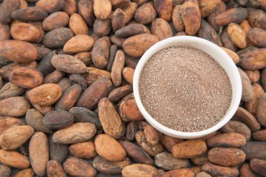 Toz kakao ve kakao çekirdekleri ahşap tablo.