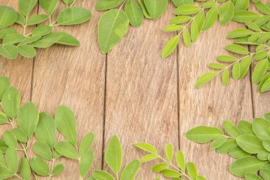 Ahşap arka plan Moringa yapraklarda