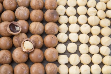 Fındık, macadamia fındık ahşap arka plan üzerinde. Üst görünümden