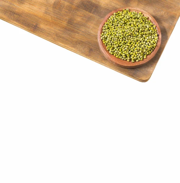 Grüne Bio Bohnen Holzschale Weißer Hintergrund — Stockfoto