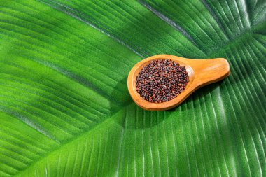 Tahta kaşıkta koyu kahverengi hardal tohumları