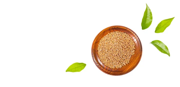 Organic Yellow Mustard Seeds Wooden Bowl Sinapis Alba — Stock Photo, Image