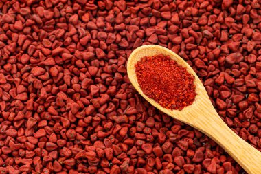 Organik kırmızı annatto tozu ve kaşıkta tohumlar - Bixa Orellana