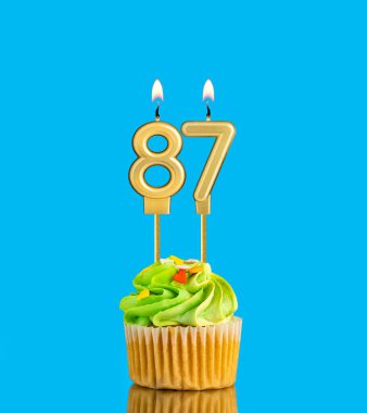 87 numaralı mum - Mavi arkaplanda kek olan doğum günü kartı