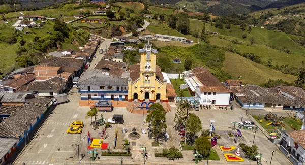 Mesopotamia, La Union, Antioquia, Colombia. January 15, 2026. Panoramic drone view of the township, located 80.1 km from Medellin.