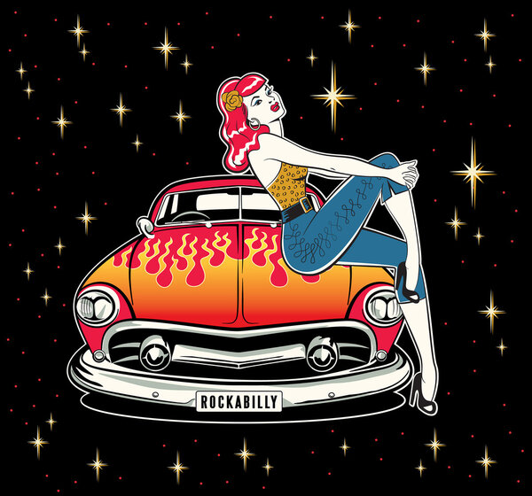 Rockabilly pinup girl sitting on the hotrod
