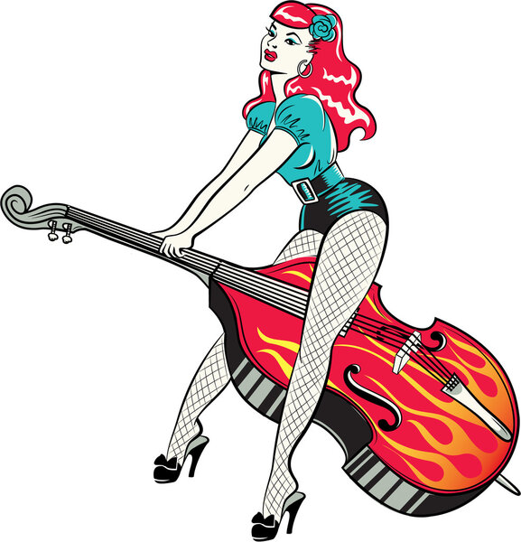 Rockabilly pinup girl ride the contrab bass

