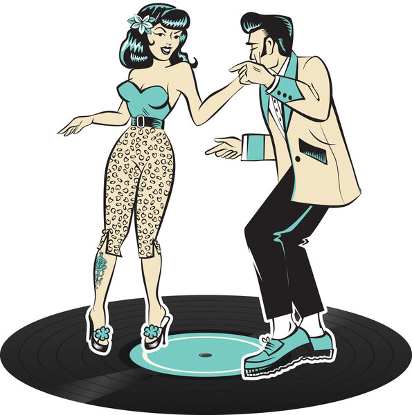 Танцоры Теддибой танцуют на виниловой пластинке
