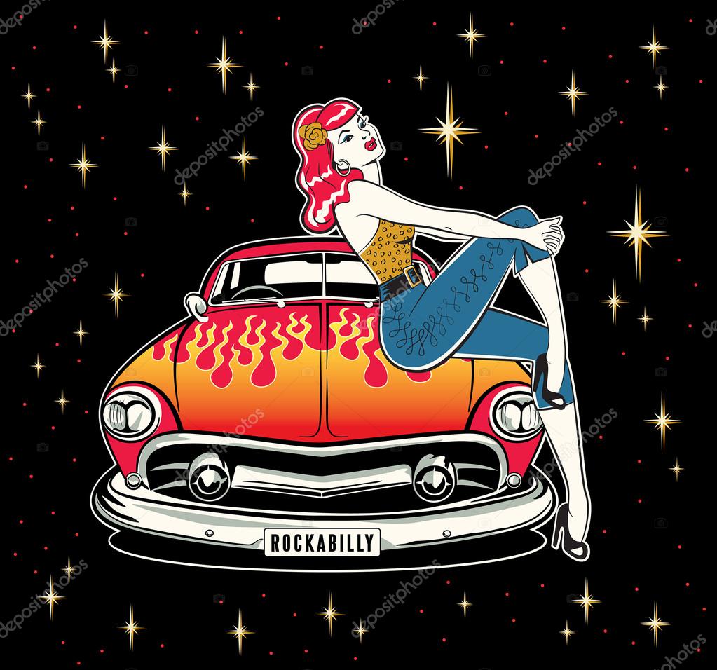©rockabilly Pinup 소녀는 Hotrod에 앉아 50s Vintage Dame의 110716854 스톡 일러스트레이션