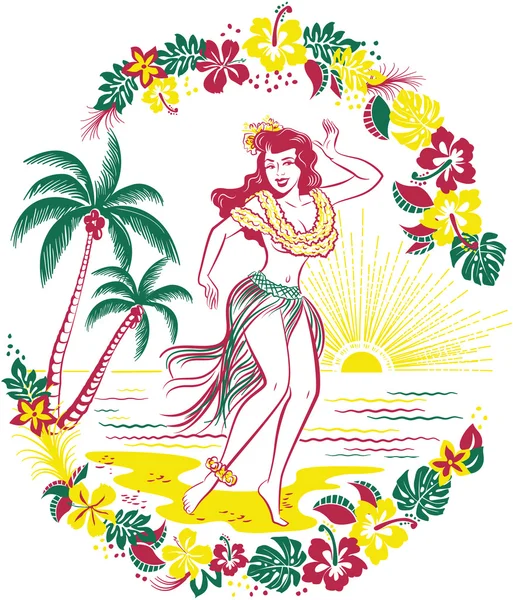 Vintage fille Hula sur la plage — Image vectorielle