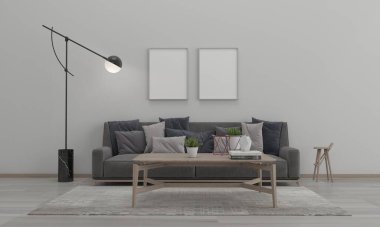 Kanepe ve Masa ile Modern Oturma Odası Yapılandırılmış Gerçekçi Mokup 3D