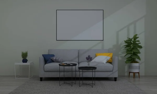 ソファ付きのモダンなリビングルームのリアルなモックアップ3Dレンダリングインテリア ソファとテーブル — ストック写真