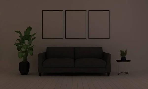 Realista Mockup Renderizado Interior Sala Estar Moderna Con Sofá Sofá — Foto de Stock