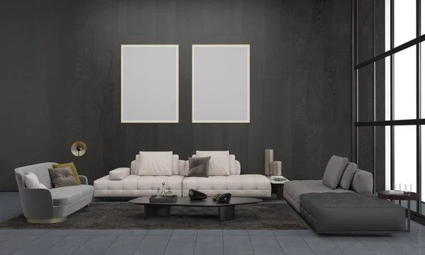 Realistický Mockup Vykreslený Interiér Moderního Obývacího Pokoje Pohovkou Gauč Stůl — Stock fotografie